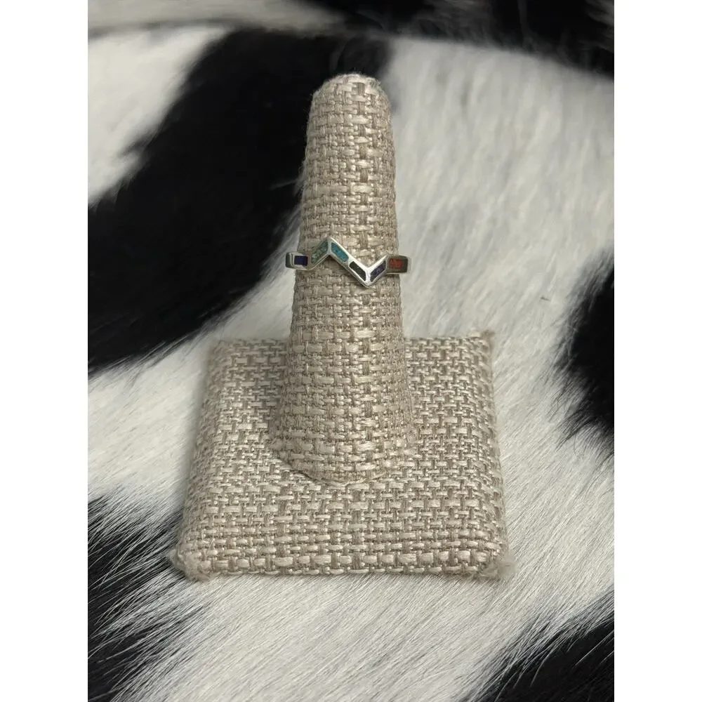 Native American Waldeck Johnson Sterling Silver Turquoise Onyx Coral Stack Ring